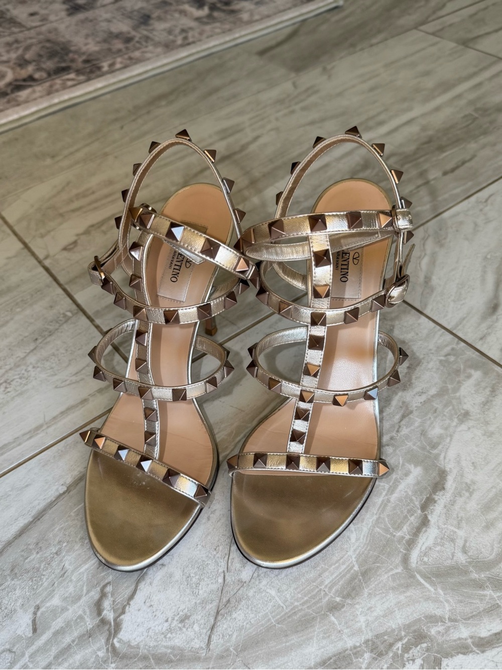 Valentino Garavani Metallic Gold Rockstud Strappy Heels